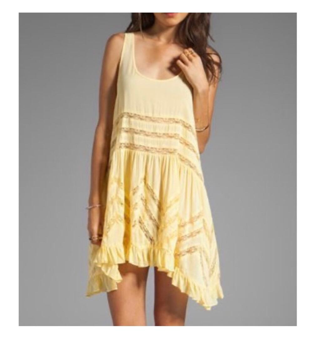 Free People Voile & Lace Trapeze Slip Dress S Yellow Polka Dot Boho